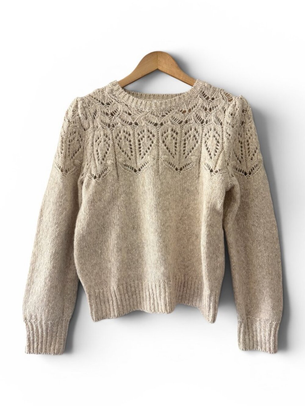NWT J.Crew Pointelle Puff Sleeve Wool Blend Sweater Oatmeal, Small